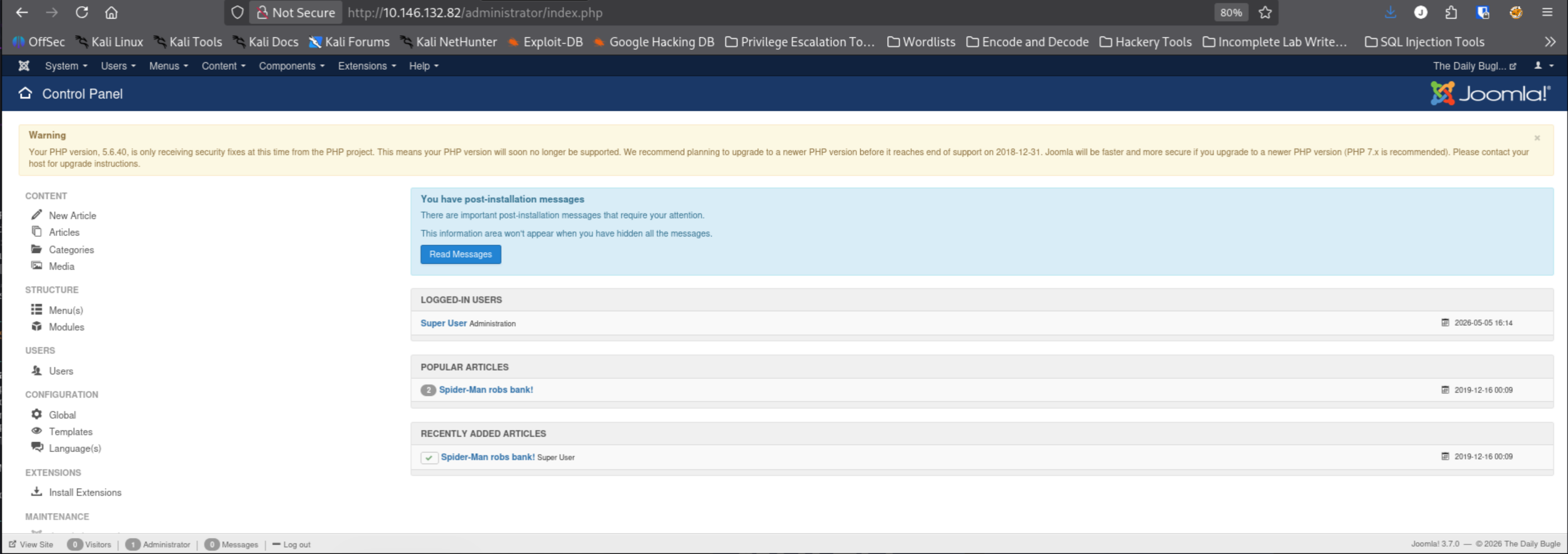 Joomla admin dashboard after successful login as jonah
